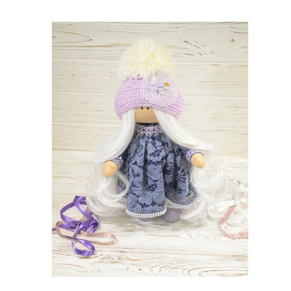 Tilda Textile Doll in a Violet Dress~Rag Doll in dress~Amazing Bonita doll~Textile Decorations~Softtoy Girl Stuffed~Plaything~Curly Blonde