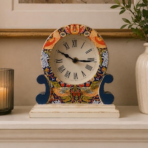 Upcycled William Morris Strawberry Thief Mantel Clock | Hand-Painted Floral Decor (Night Blue, Gold Gilding)