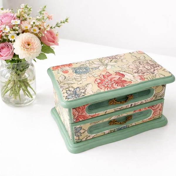 William Morris Vintage Sage Green Floral Jewellery Box with Mirror