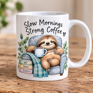 May include: A white ceramic mug featuring a graphic of a brown sloth sitting in a blue armchair, holding a small blue cup. The text reads Slow Mornings Strong Coffee. Beside the chair are three stacked books labelled NAP, SNACK, and REPEAT with green leaves.