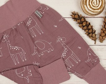 Pantalon de pompe été mousseline filles mauve animaux taille de pantalon de bébé fait à la main. 50/56,62/68,74/80,86/92,98/104,110/116,122