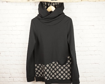 Hoodie Damen Pullover Wickelkapuze Wickelkragen Handmade Schwarz Gold Punkte Dots