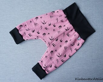 Pumphose Handmade Mädchen Musselin Schwalben 50//56,62//68,74//80,86//92,98//104
