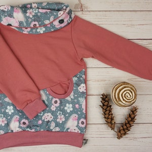 Hoodie Pullover Wrap Hood Wrap Collar Handmade Sweat Old Pink Flowers Birds 68/74/80/86/92/98/104/110/116/122/128/134/140/146/152