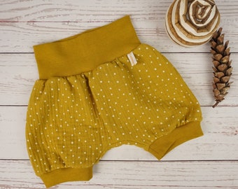 Pump pants short girls muslin points mustard yellow Handmade baby pants gr. 56/62,68/74,80/86/92,98/104