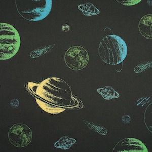 Op de afbeelding: Een zwarte stof met een herhalend patroon van planeten, sterren en kometen in tinten blauw, groen en geel.