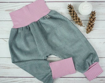 Pump Pants Mitwachshose Handmade Baby Pants Wide Corduroy Pants Grey Pink Striped Size 50/56,62/68,74/80,86/92,98/104,110/116,122