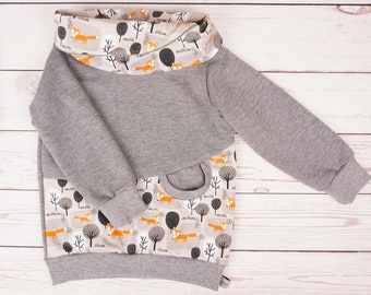 Hoodie Pullover Wickelkragen mit Tasche Handmade Sweat Füchse Wald Grau Jungen 68/74/80/86/92/98/104/110/116/122/128/134/140/146/152