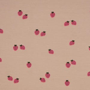Può includere: Un tessuto rosa chiaro con un motivo ripetuto di fragole rosa. Ogni fragola ha un gambo verde scuro e piccoli semi neri. Le fragole sono sparse sul tessuto.
