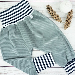 Pump Pants Mitwachshose Handmade Baby Pants Wide Corduroy Pants Grey Blue-White Striped Size 50/56,62/68,74/80,86/92,98/104,110/116,122