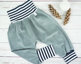 Pump Pants Mitwachshose Handmade Baby Pants Wide Corduroy Pants Grey Blue-White Striped Size 50/56,62/68,74/80,86/92,98/104,110/116,122