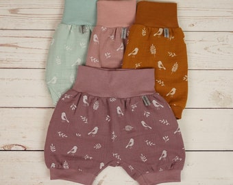 Pumphose kurz Musselin Vögel verschiedene Farben mauve, hell mauve