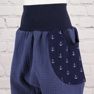 Bloomers with pocket Maritim Handmade baby pants muslin steel blue anchor Gr. 50/56.62/68.74/80.86/92.98/104.110/116.122