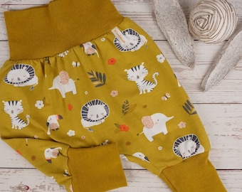 Pumphose Mitwachshose Handmade Babyhose Jersey Tiere Senfgelb Gr. 50/56,62/68,74/80,86/92,98/104,110/116,122