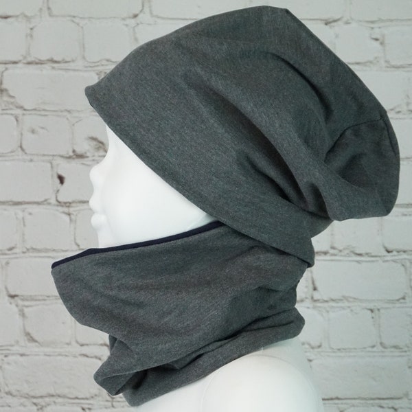 Beanie Beanie Beanie Scarf Set Neck Sock Reversible Cap Baby Child Jersey Handmade Grey Blue