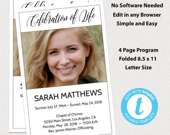 Funeral Program Template, Obituary and Order of Service Template, Printable Memorial Service Template, Edit in Templett