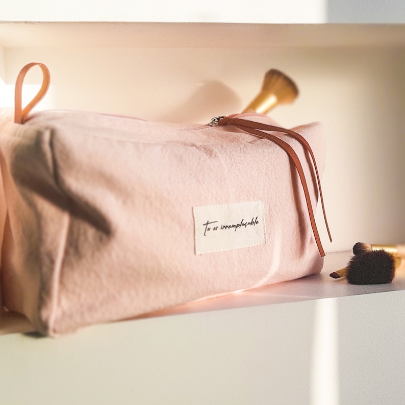 Toiletry bag, designer makeup bag, in organic cotton and vegan leather, 2 colors image 4