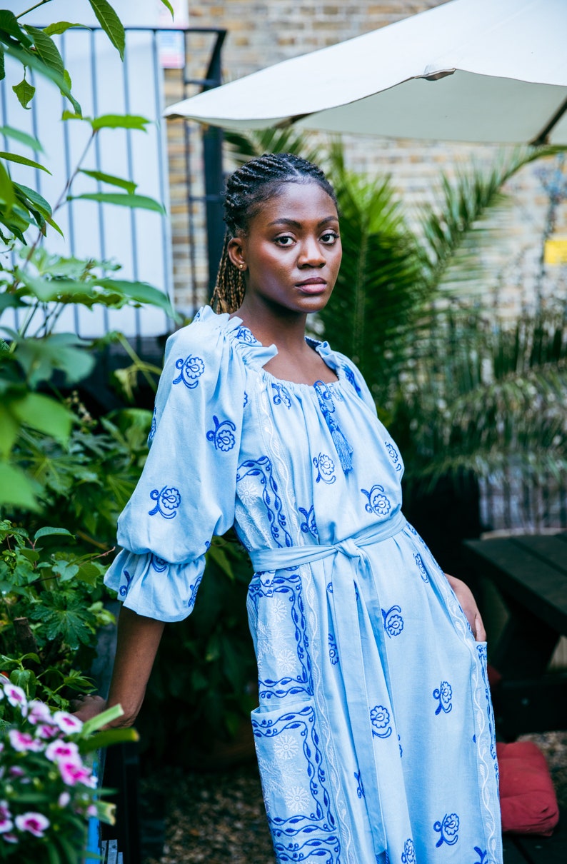 Boho Chic Blue Linen Embroidered Dress image 2