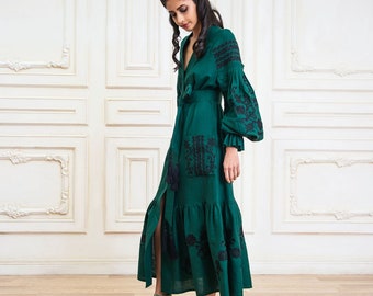 Kaftan Green Dress. Embroidered Luxury Bohemian Clothing