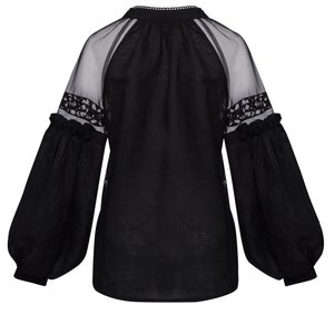 Boho Chic Black Linen Sheer Blouse. Long Sleeve Elegant Minimalistic Top. Puffed Sleeve Blouse. Quiet Luxury. image 4