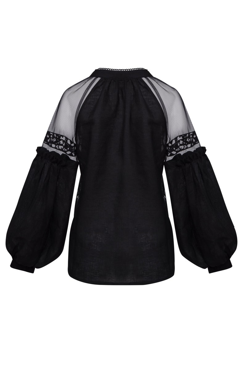 Boho Chic Black Linen Sheer Blouse. Long Sleeve Elegant Minimalistic Top. Puffed Sleeve Blouse. Quiet Luxury. image 4