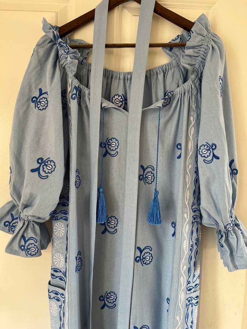 Boho Chic Blue Linen Embroidered Dress image 5