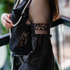 Boho Chic Black Linen Sheer Blouse. Long Sleeve Elegant Minimalistic Top. Puffed Sleeve Blouse. Quiet Luxury. image 1