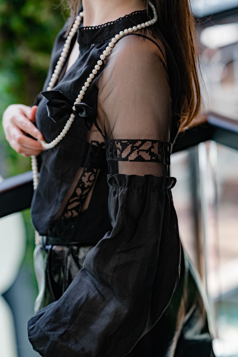 Boho Chic Black Linen Sheer Blouse. Long Sleeve Elegant Minimalistic Top. Puffed Sleeve Blouse. Quiet Luxury. image 1