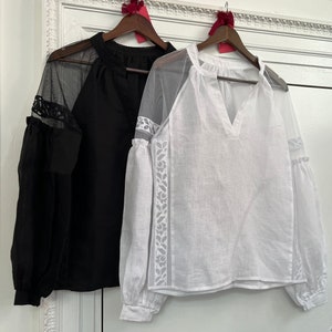Boho Chic Black Linen Sheer Blouse. Long Sleeve Elegant Minimalistic Top. Puffed Sleeve Blouse. Quiet Luxury. image 8