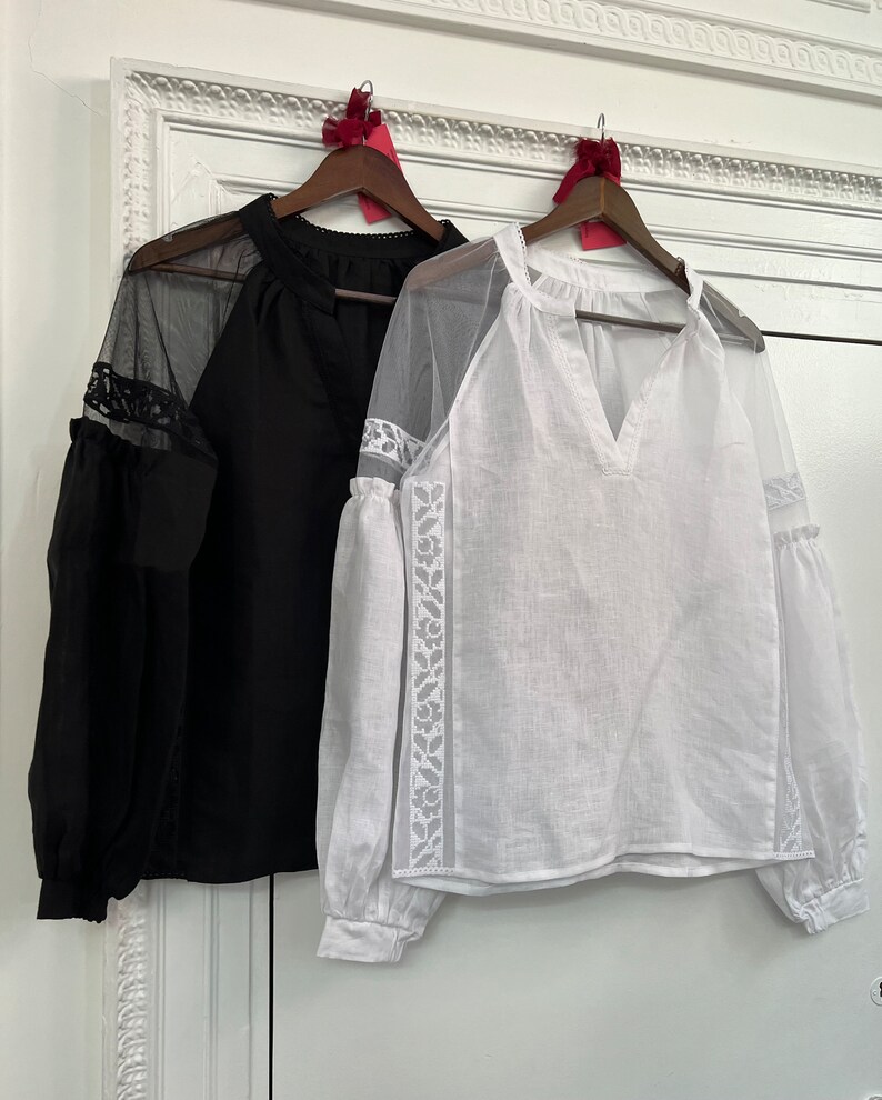 Boho Chic Black Linen Sheer Blouse. Long Sleeve Elegant Minimalistic Top. Puffed Sleeve Blouse. Quiet Luxury. image 8