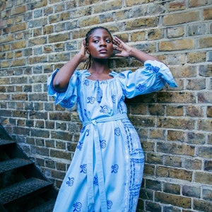 Boho Chic Blue Linen Embroidered Dress image 1