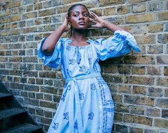 Boho Chic Blue Linen Embroidered Dress