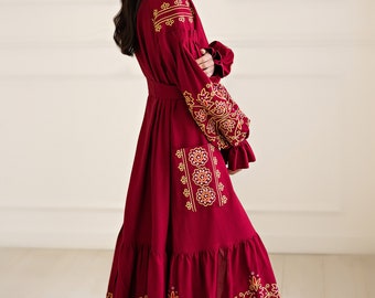 Embroidered Burgundy Boho Chic Dress. Luxury Bohemian Clothing.