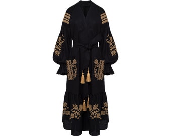 Black Embroidered Kimono Dress. Luxury Bohemian Clothing.