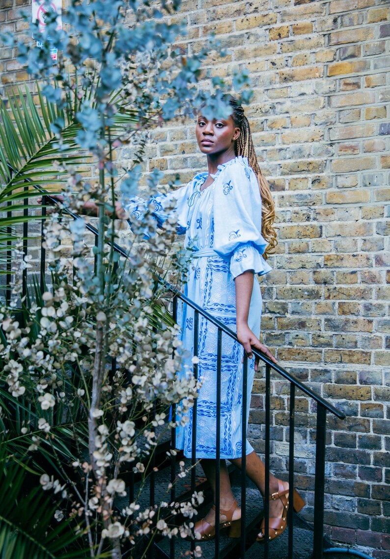 Boho Chic Blue Linen Embroidered Dress image 3