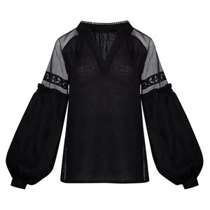 Boho Chic Black Linen Sheer Blouse. Long Sleeve Elegant Minimalistic Top. Puffed Sleeve Blouse. Quiet Luxury. image 2
