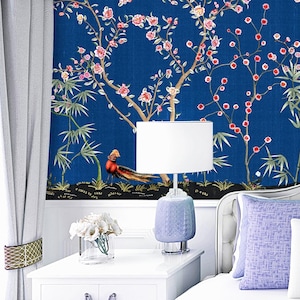 NAUZHA Blue Chinoiserie Wallpaper Mural, Vintage Silk Wall Panels - Blue Romance SI-001