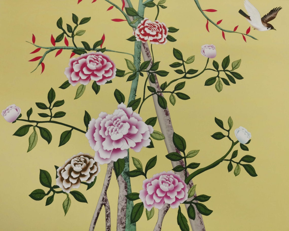 NAUZHA Yellow Chinoiserie Wallpaper Mural Vintage Silk Wall Etsy