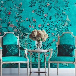 NAUZHA Türkis Metallic Chinoiserie Tapete Wandbild, Vintage Folie/Blätter Wandpanels, Asiatische Kunst,Orientalische Kunst-Schönheitsliebe Pfau MT-037