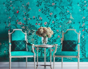 NAUZHA Turquoise Metallic Chinoiserie Wallpaper Mural, Vintage Foil/leaves Wall Panels, Asian Art,Oriental Art-Beauty-loving Peacock MT-037