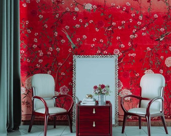 NAUZHA Red Metallic Chinoiserie Wallpaper Mural, Vintage Foil/leaves Wall Panels, Asian Art, Oriental, Diverse Lives MT-013
