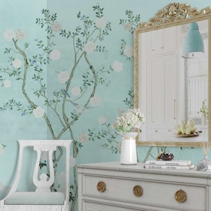 NAUZHA Blu e Bianco Metallic Chinoiserie Wallpaper Mural, Vintage Foil/foglie Pannelli murali, Arte asiatica, Orientale, La rosa MT-018