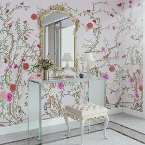 NAUZHA Pink Chinoiserie Wallpaper Mural, Vintage Silk Wall Panels - Diverse Lives SI-001