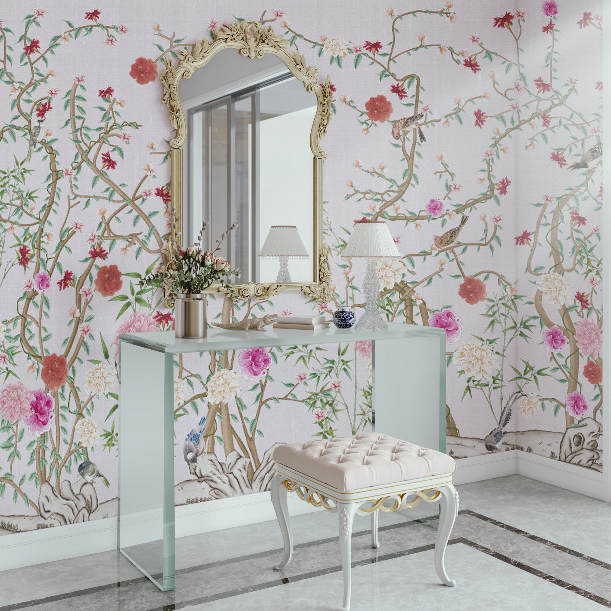 NAUZHA Pink Chinoiserie Wallpaper Mural Vintage Silk Wall - Etsy