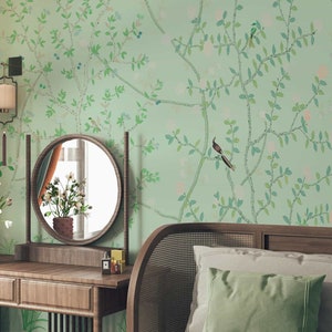 NAUZHA Seta Verde Chinoiserie Wallpaper Mural, Pannelli Murali Vintage, Arte Asiatica, Arte Orientale- Giardino Sul Retro SI-029