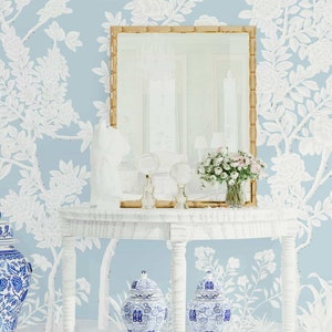 NAUZHA Blue Chinoiserie Tapete Wandbild, Vintage Seide Wandplatten, Asiatische Kunst, Orientalische Kunst - White Garden SI-064
