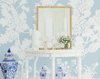 NAUZHA Blue Chinoiserie Wallpaper Mural, Vintage Silk Wall Panels, Asian Art,  Oriental Art - White Garden SI-064