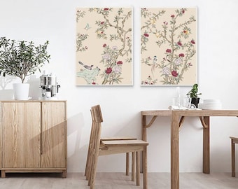 NAUZHA Chinoiserie Pink Panels, Set of 2, Silk Fabric, Wall Art, Wall Decor, Wall Decal, Wall Hanging - Maverick Peonies P004