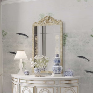 NAUZHA Silver Metallic Chinoiserie Wallpaper Mural, feuille / feuilles vintage, panneaux muraux, art asiatique, oriental, - Poissons et plantes aquatiques MT-045