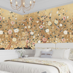 NAUZHA Gold Metallic Chinoiserie Rococo Wallpaper Mural, Vintage Foil/foglie pannelli a parete, Arte Asiatica, Orientale, The Round MT-052